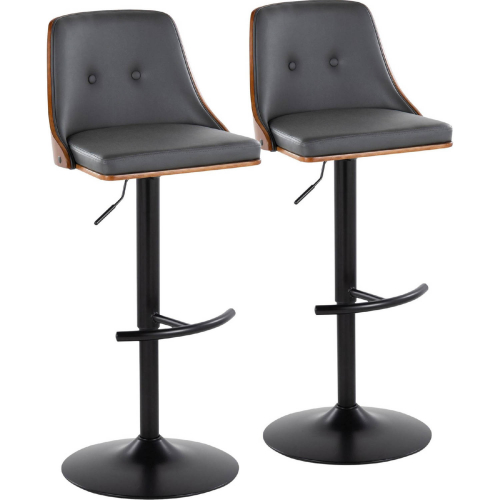 Gianna Adjustable Swivel Bar Stool in Black Metal, Walnut Wood & Grey Leatherette (Set of 2)